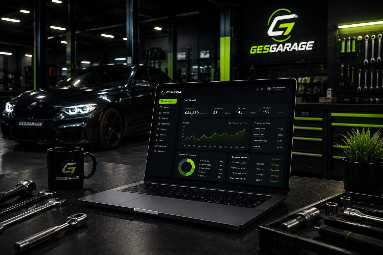 Dashboard Gesgarage num portátil, numa oficina automóvel