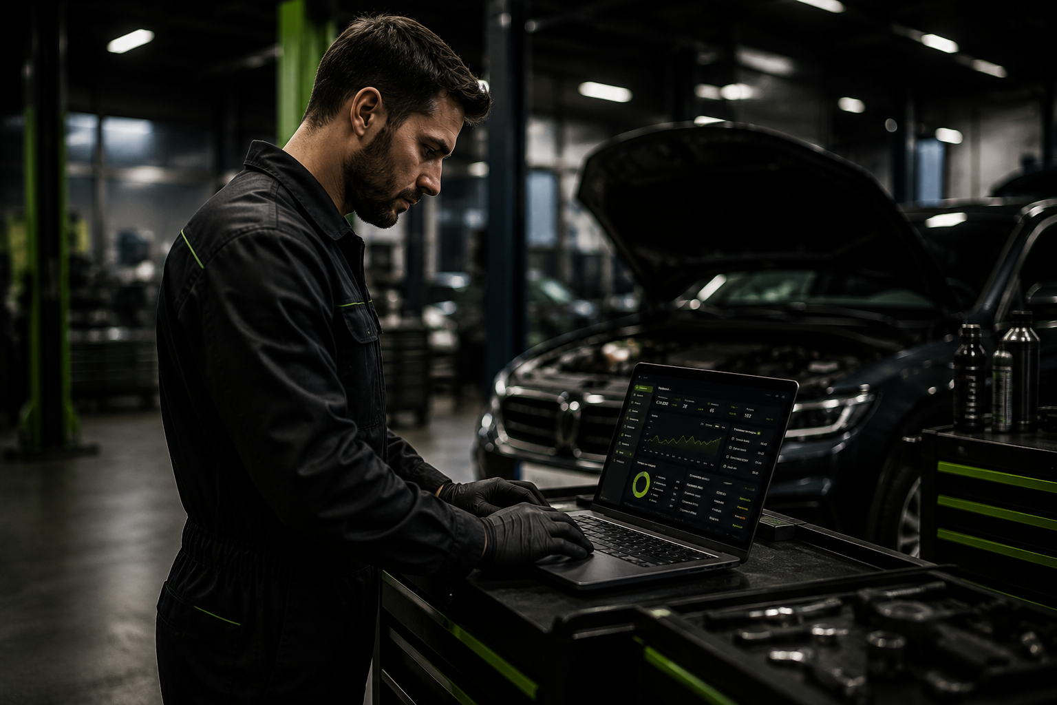 Técnico a consultar o dashboard Gesgarage num portátil, junto a uma viatura em reparação